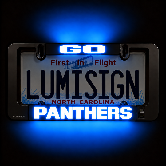 Illuminated LUMISIGN Panthers LED license plate insert design with blue and white lettering
