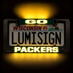 LumiSign license plate frame with illuminated Wisconsin and Packers lettering