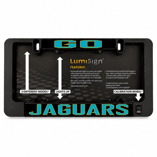 LUMISIGN JAGUARS illuminated license plate frame showing modes and calibration wheel