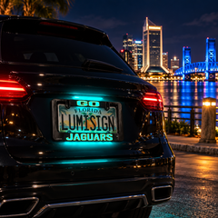 Illuminated car license plate frame with JAGUARS logo and LUMISIGN