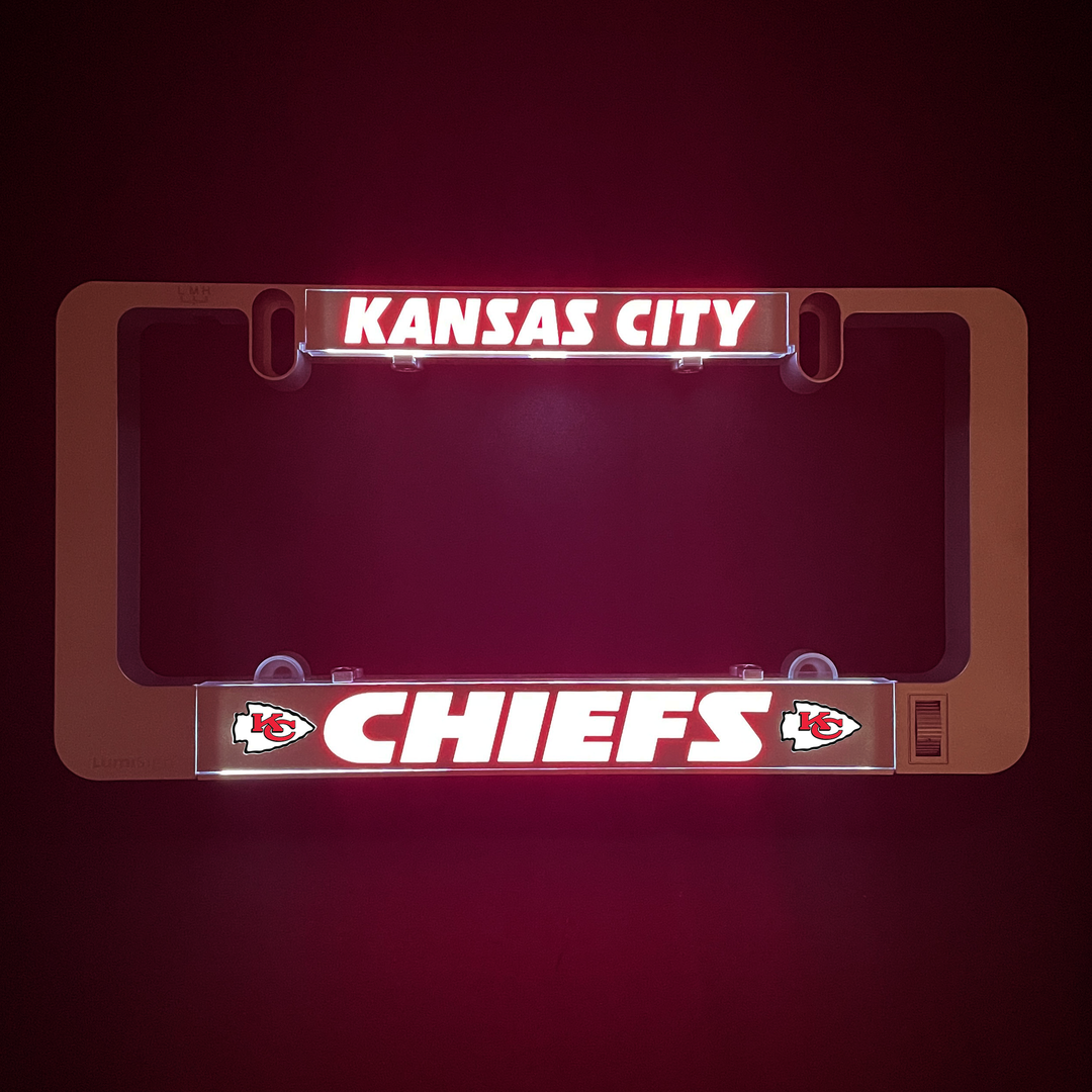 LumiSign frame with Kansas City Chiefs light insert, red tinted display