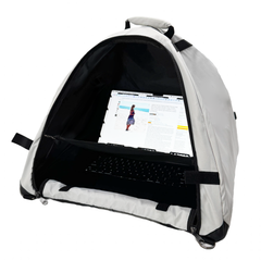 Laptop tent with laptop inside and curved dome opening, white and black