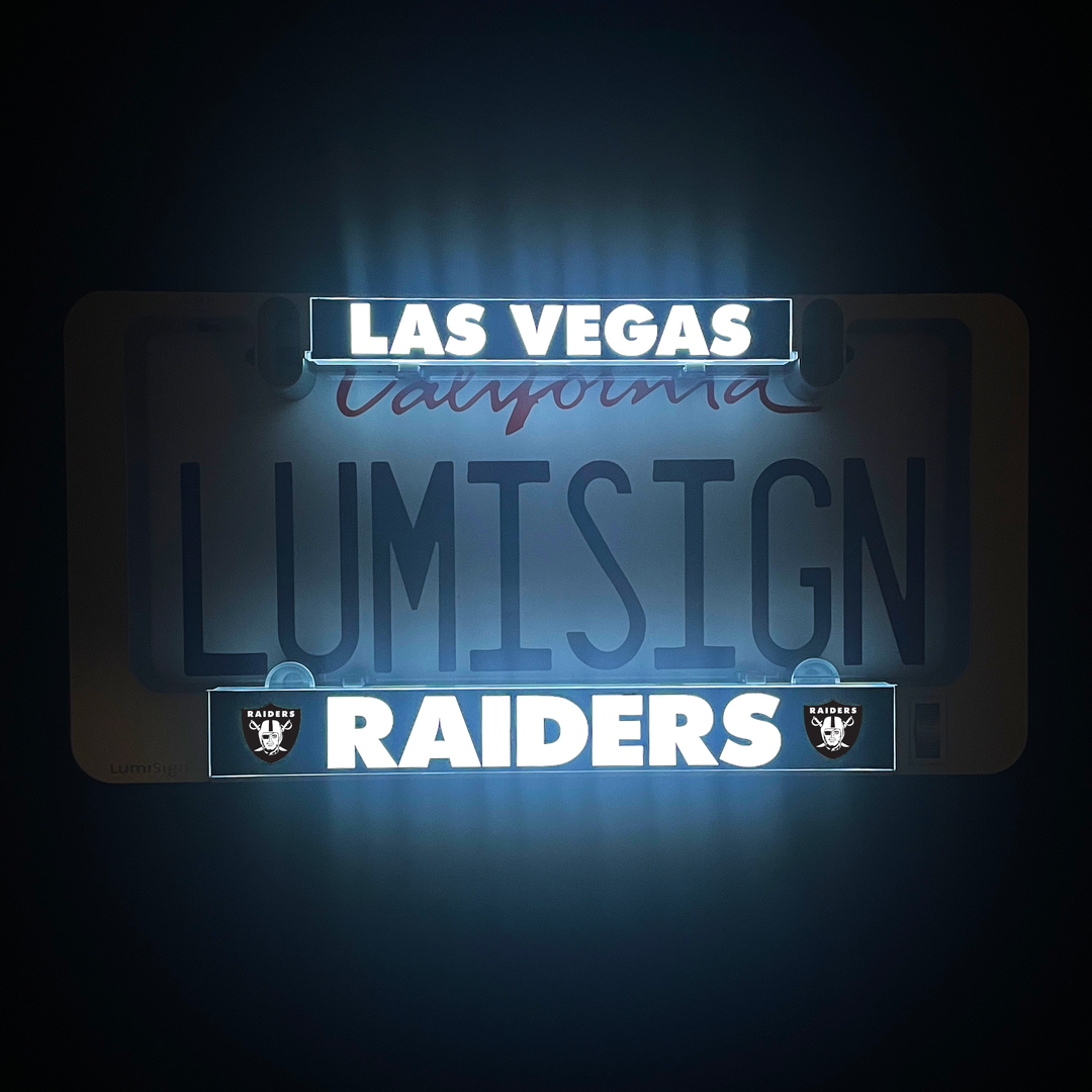 LumiSign Raiders illuminated license plate frame insert in black frame