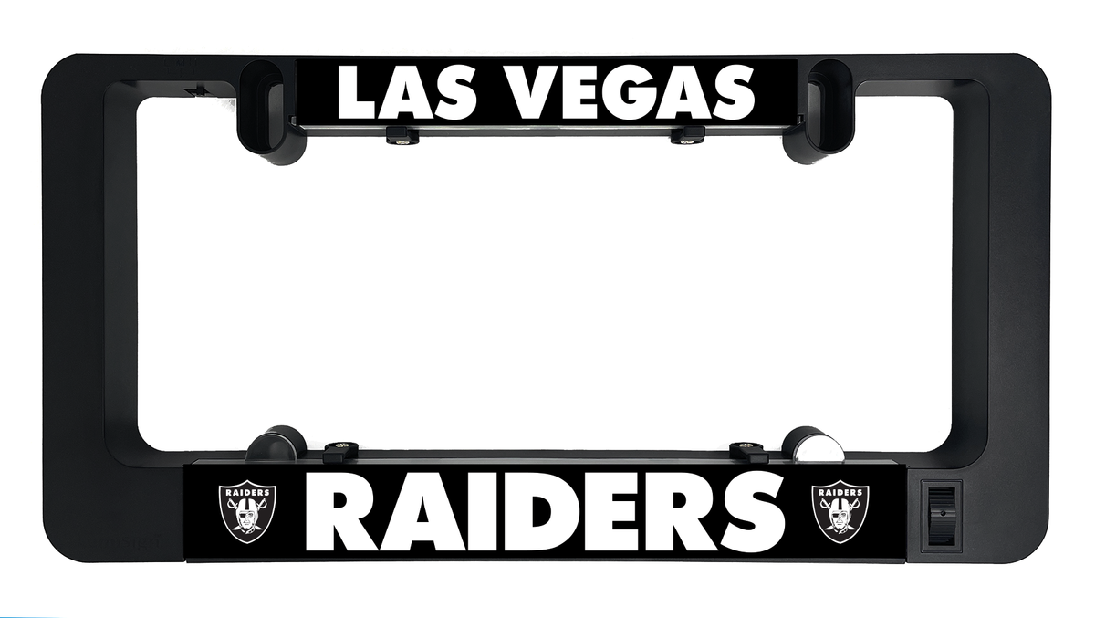 Black LumiSign display showing LAS VEGAS and RAIDERS insert text in front window