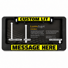 Black Lumisign frame with yellow CUSTOM LIT header and MESSAGE HERE screen