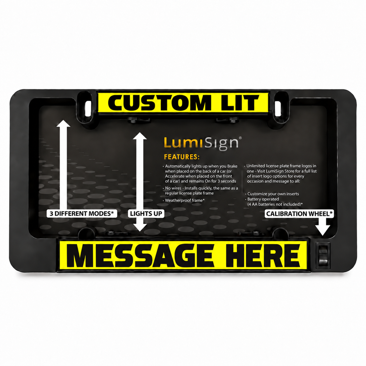 Black Lumisign frame with yellow CUSTOM LIT header and MESSAGE HERE screen