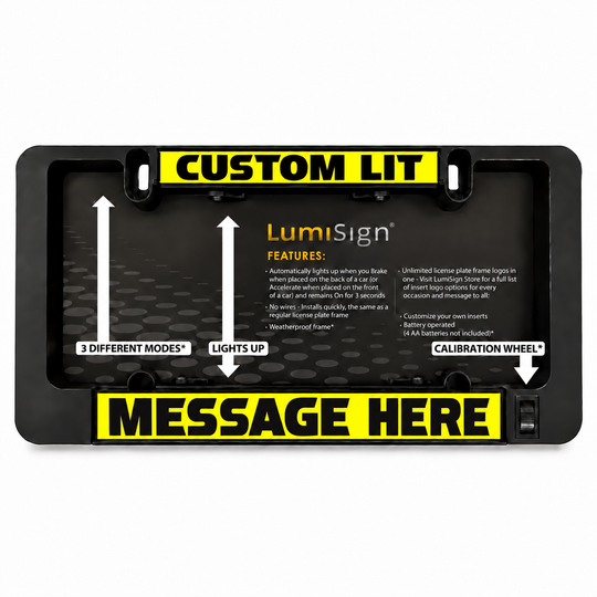 Black Lumisign frame with yellow CUSTOM LIT header and MESSAGE HERE screen