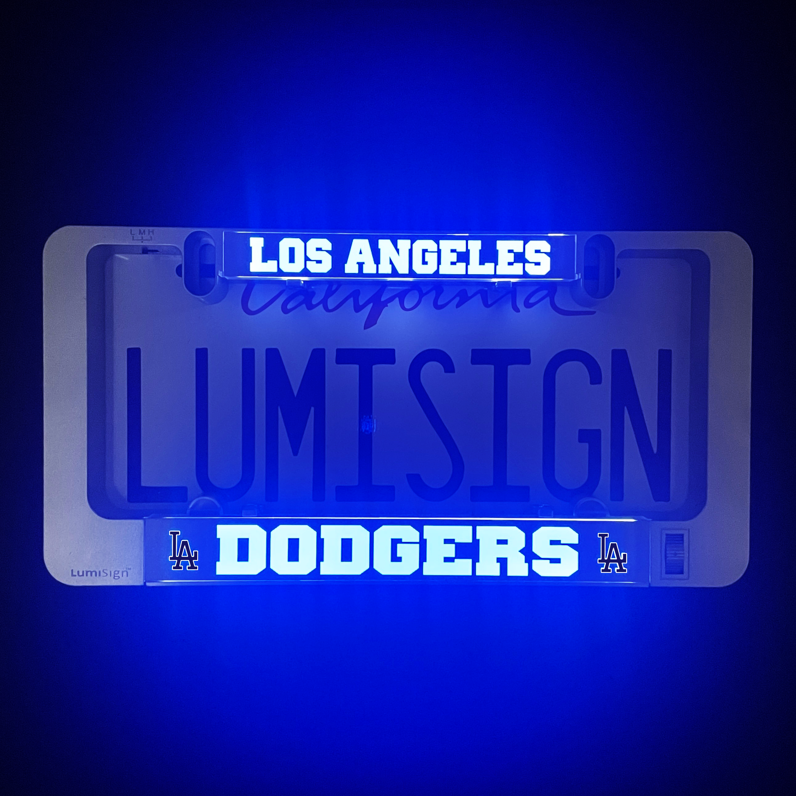 LumiSign light-up license plate frame with LOS ANGELES and DODGERS lettering