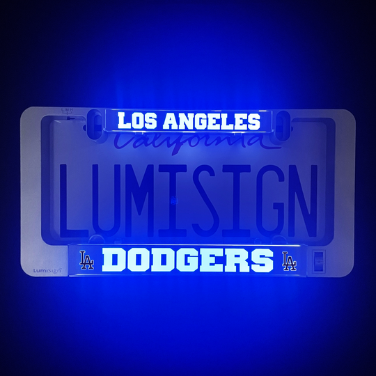 LumiSign light-up license plate frame with LOS ANGELES and DODGERS lettering
