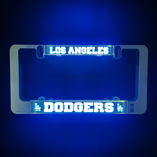 Light-up license plate frame with LOS ANGELES and DODGERS logo in blue glow