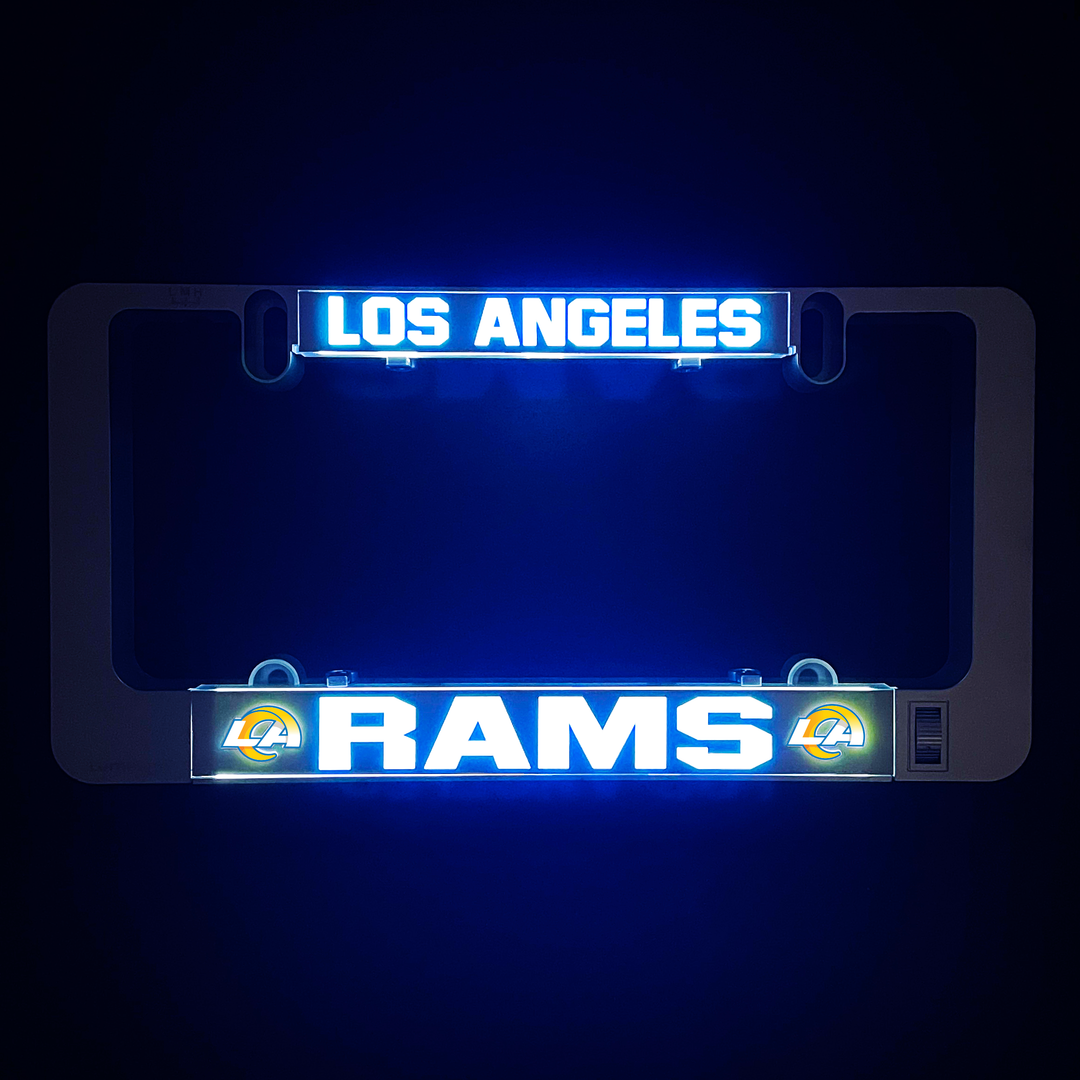 LumiSign illuminated license plate frame with Los Angeles Rams insert, blue light