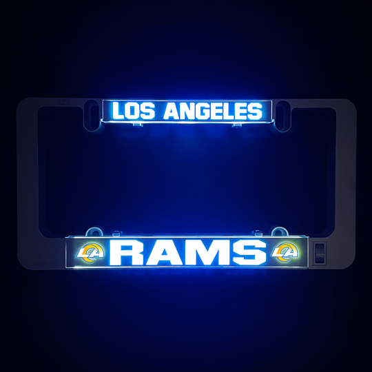 LumiSign illuminated license plate frame with Los Angeles Rams insert, blue light