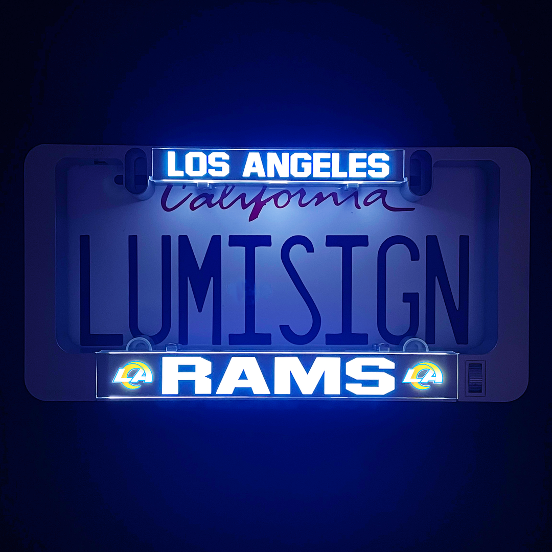 LumiSign illuminated license plate frame with Los Angeles Rams insert, blue glow