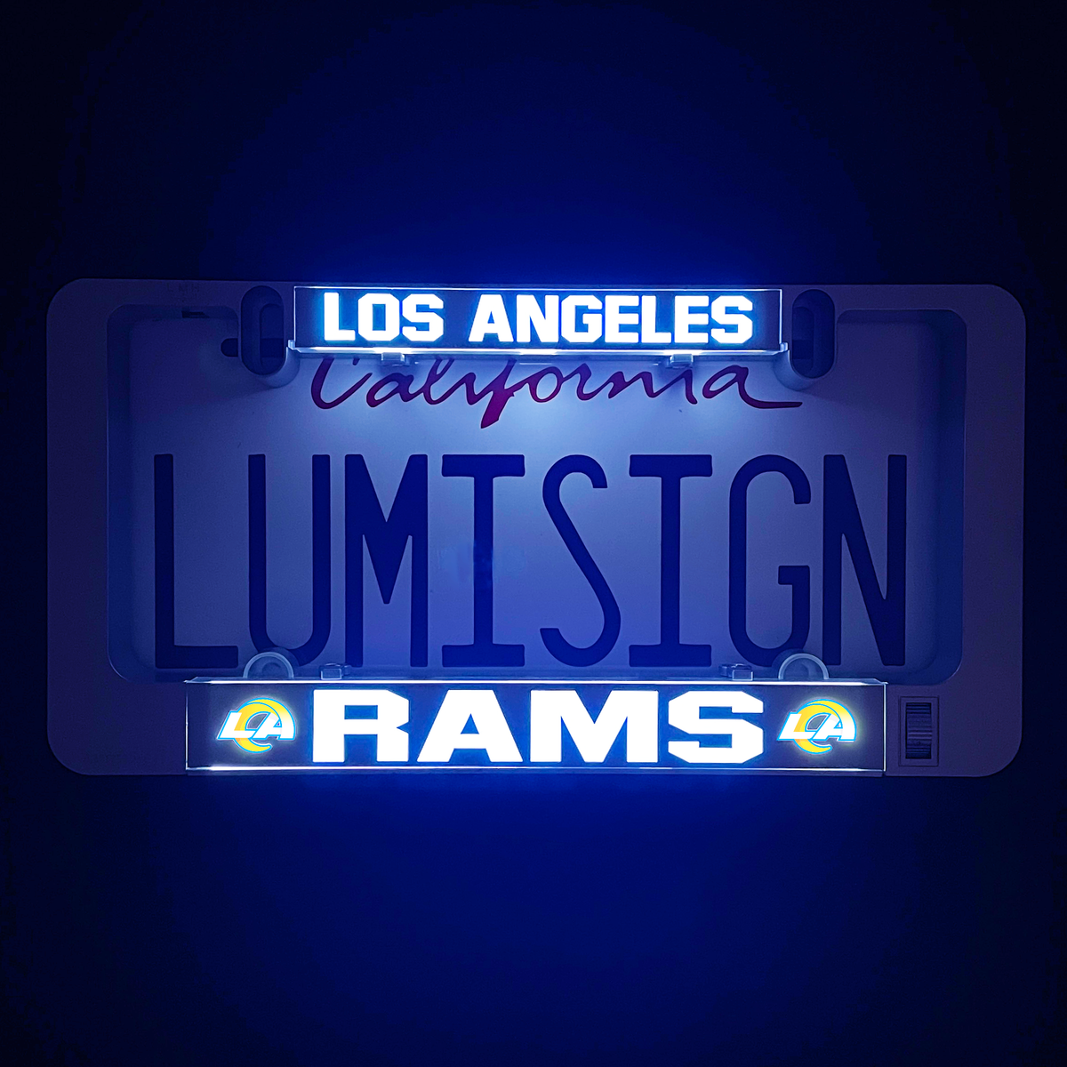 Illuminated Los Angeles Rams LumiSign insert glowing on blue