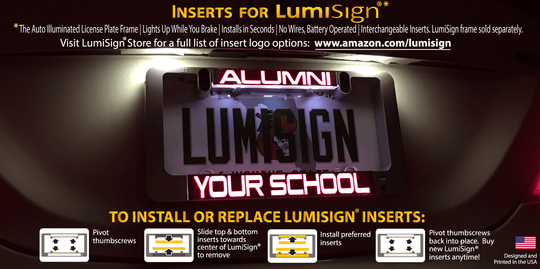 LumiSign insert reading ALLUMNI, LUMISIGN, and YOUR SCHOOL with glowing neon text