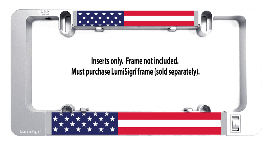 Two American flag LumiSign inserts in a gray frame with mounting clips