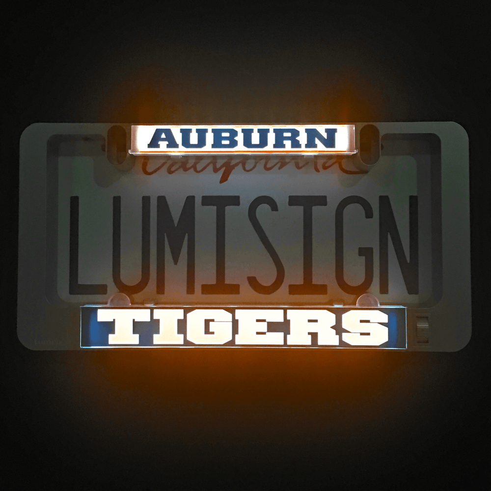 Illuminated LumiSign insert reading LUMISIGN TIGERS with orange Auburn top