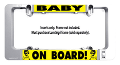 Yellow "BABY ON BOARD" sign insert with baby icons, in gray mount