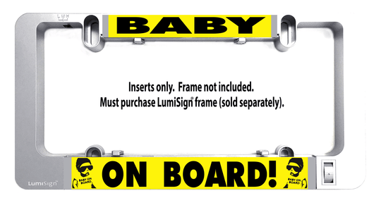 Yellow "BABY ON BOARD" sign insert with baby icons, in gray mount