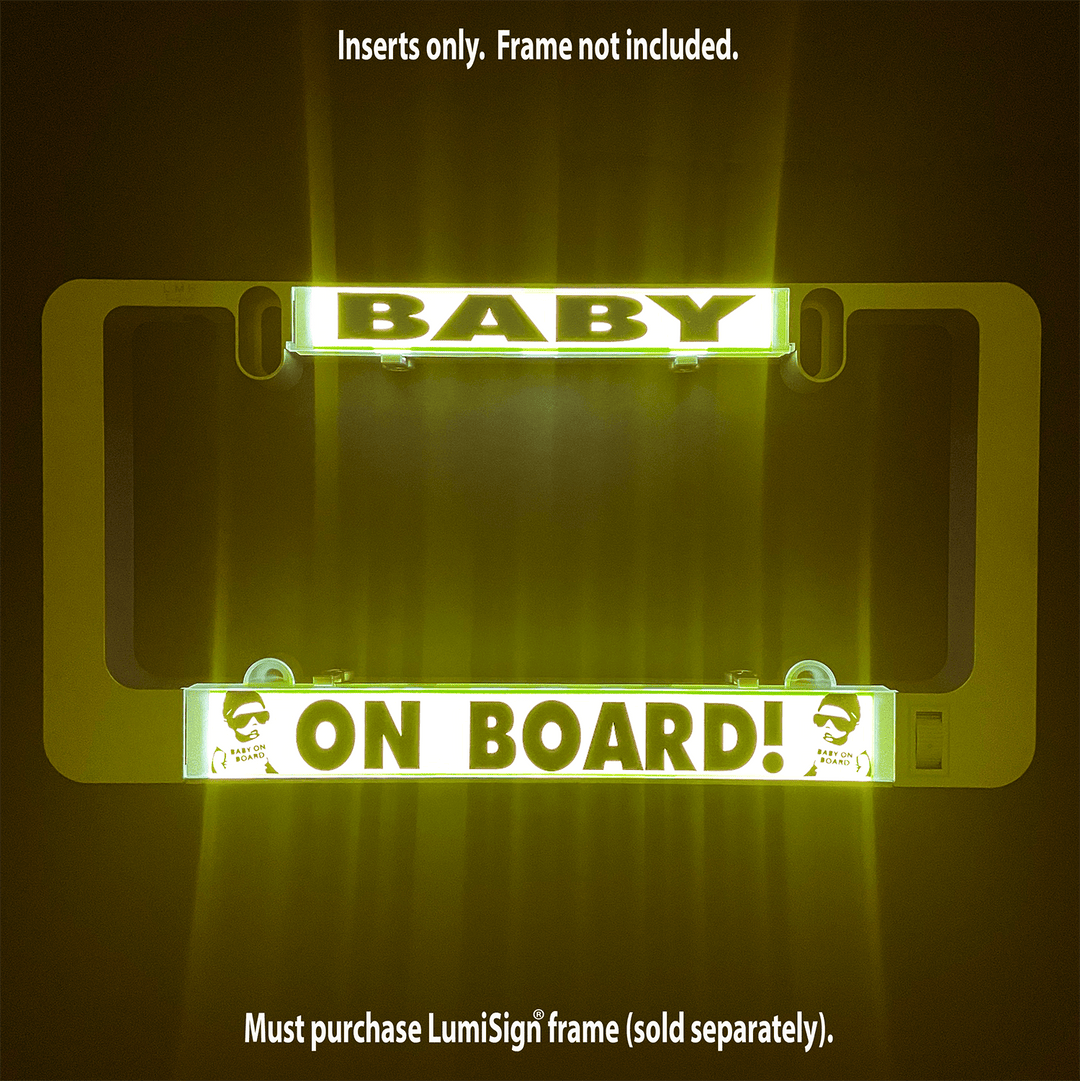 Backlit yellow "BABY ON BOARD" sign insert with baby icons