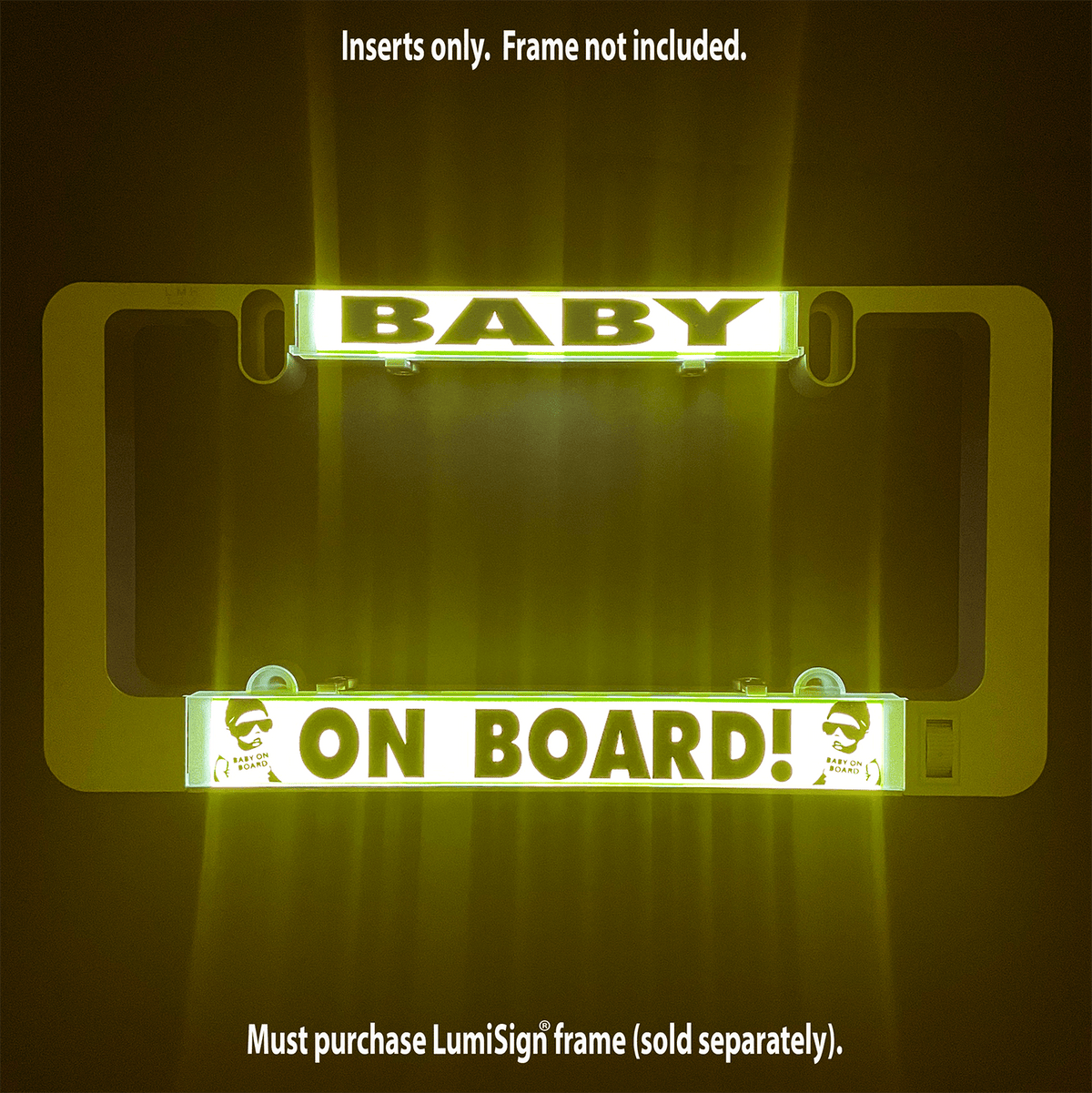 Backlit yellow "BABY ON BOARD" sign insert with baby icons