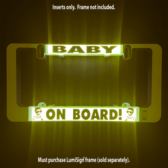 Backlit yellow "BABY ON BOARD" sign insert with baby icons