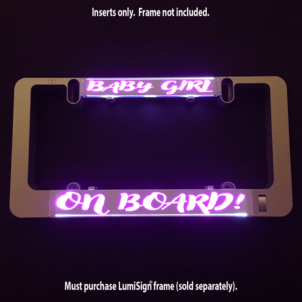 LumiSign 'Baby Girl on Board' insert, purple/pink neon text; frame not included