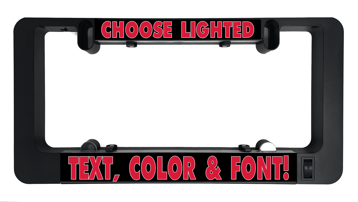Black LUMISIGN frame with red “CHOOSE LIGHTED” and “TEXT, COLOR & FONT” prompts