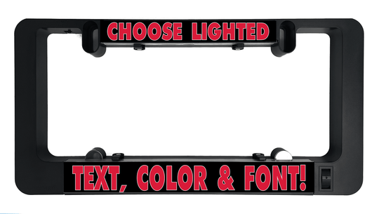 Black LUMISIGN frame with red “CHOOSE LIGHTED” and “TEXT, COLOR &amp; FONT” prompts