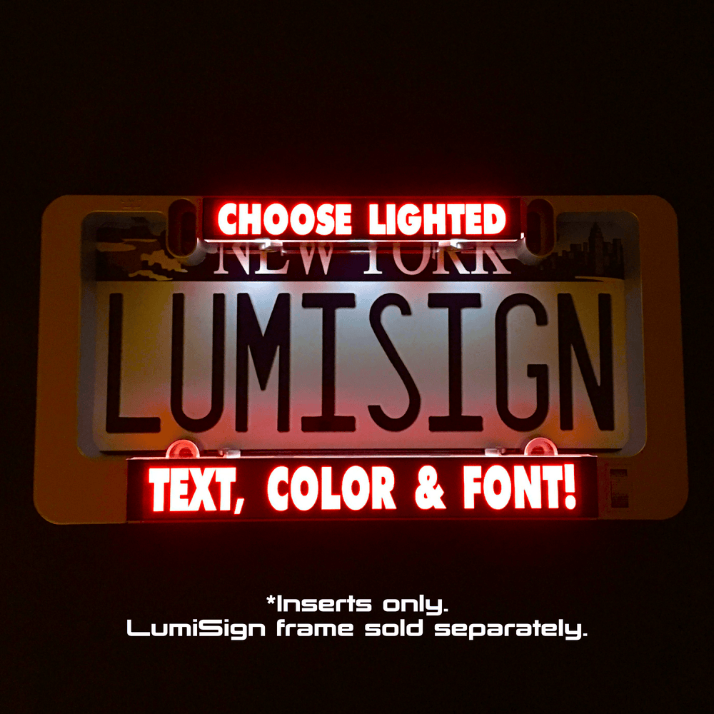 Lighted sign insert reading 'LUMISIGN' with red 'TEXT, COLOR & FONT'