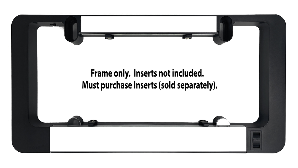 LumiSign black license plate frame with empty insert area and side control panel