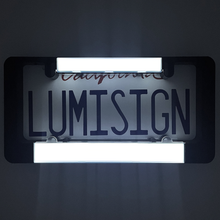Load image into Gallery viewer, LumiSign – The Auto Illuminated License Plate Frame with Switchable Inserts | Lights Up While You Brake | No Wires, Battery Operated | Installs in Seconds (Black Frame)

