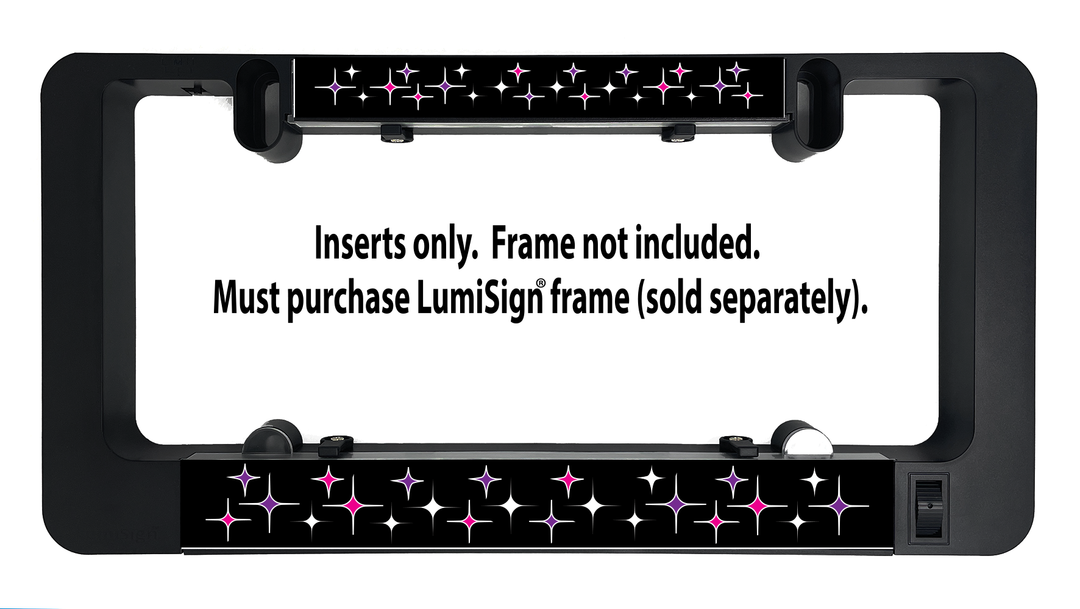 LumiSign star-pattern insert strip with glowing pink and blue icons on black