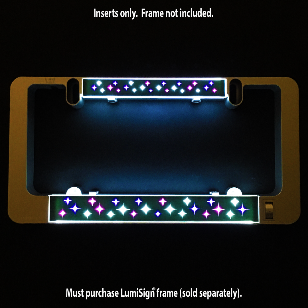 Star-pattern LumiSign insert strips glowing pink and blue sparkles in dark housing
