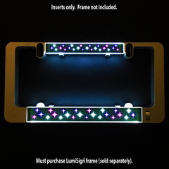 Star-pattern LumiSign insert strips glowing pink and blue sparkles in dark housing