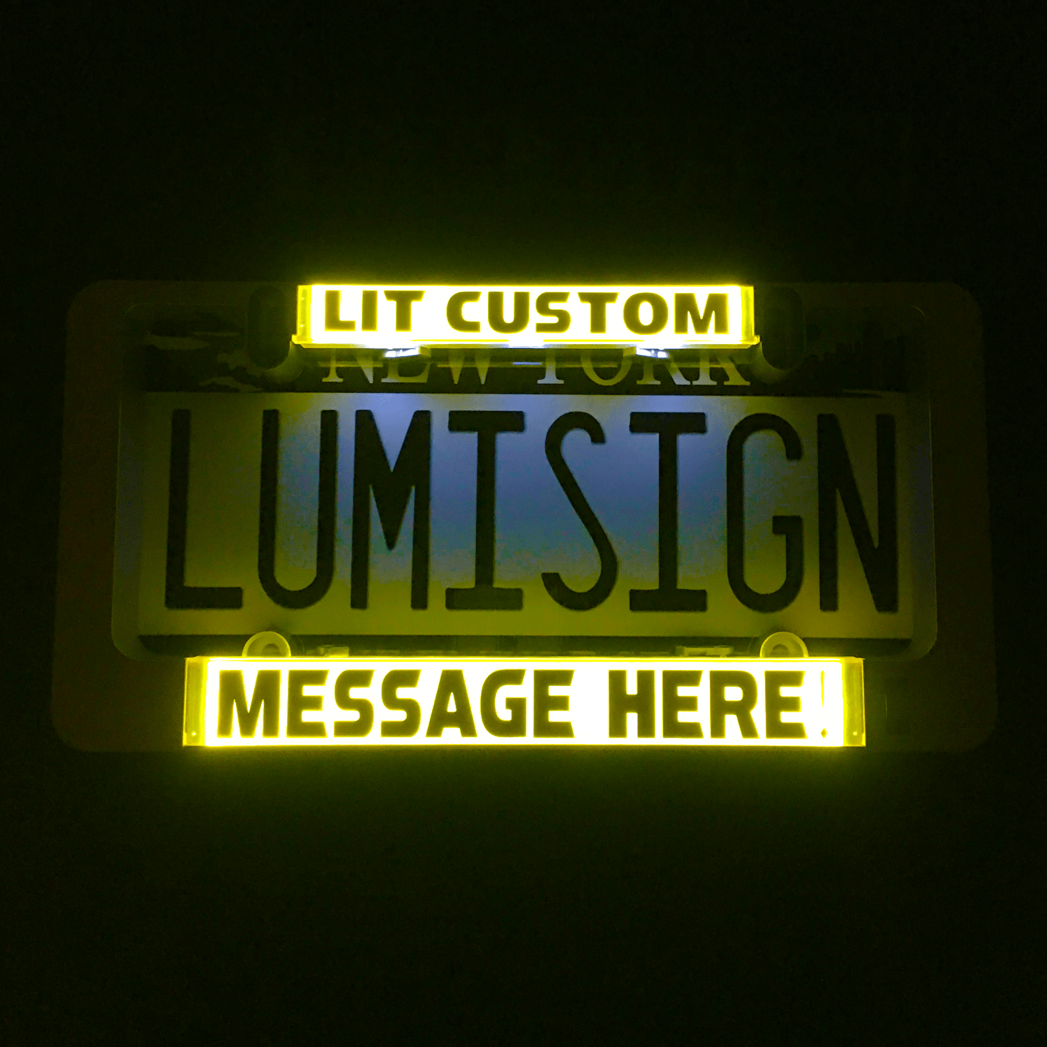 LumiSign frame with illuminated yellow custom text insert and glowing message panel