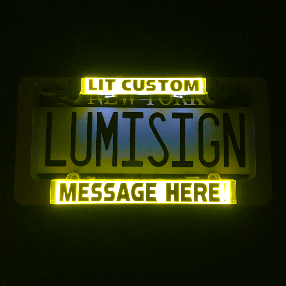 Custom yellow LumiSign light inserts glowing with “CUSTOM” and “MESSAGE HERE” text