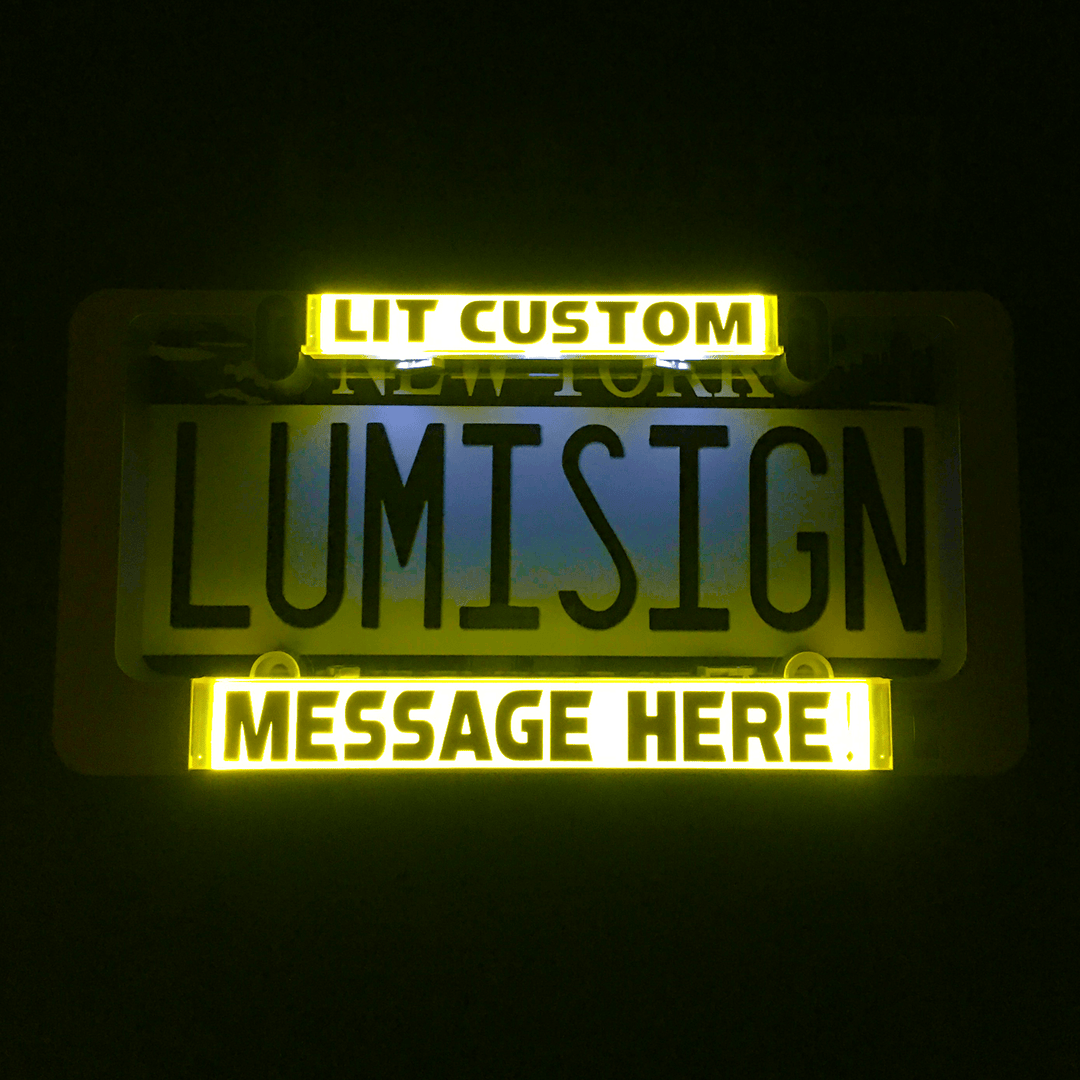 Custom yellow LumiSign light inserts glowing with “CUSTOM” and “MESSAGE HERE” text