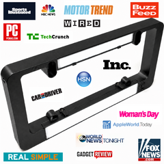 Black license plate frame with U-shaped mounting and visible side brackets
