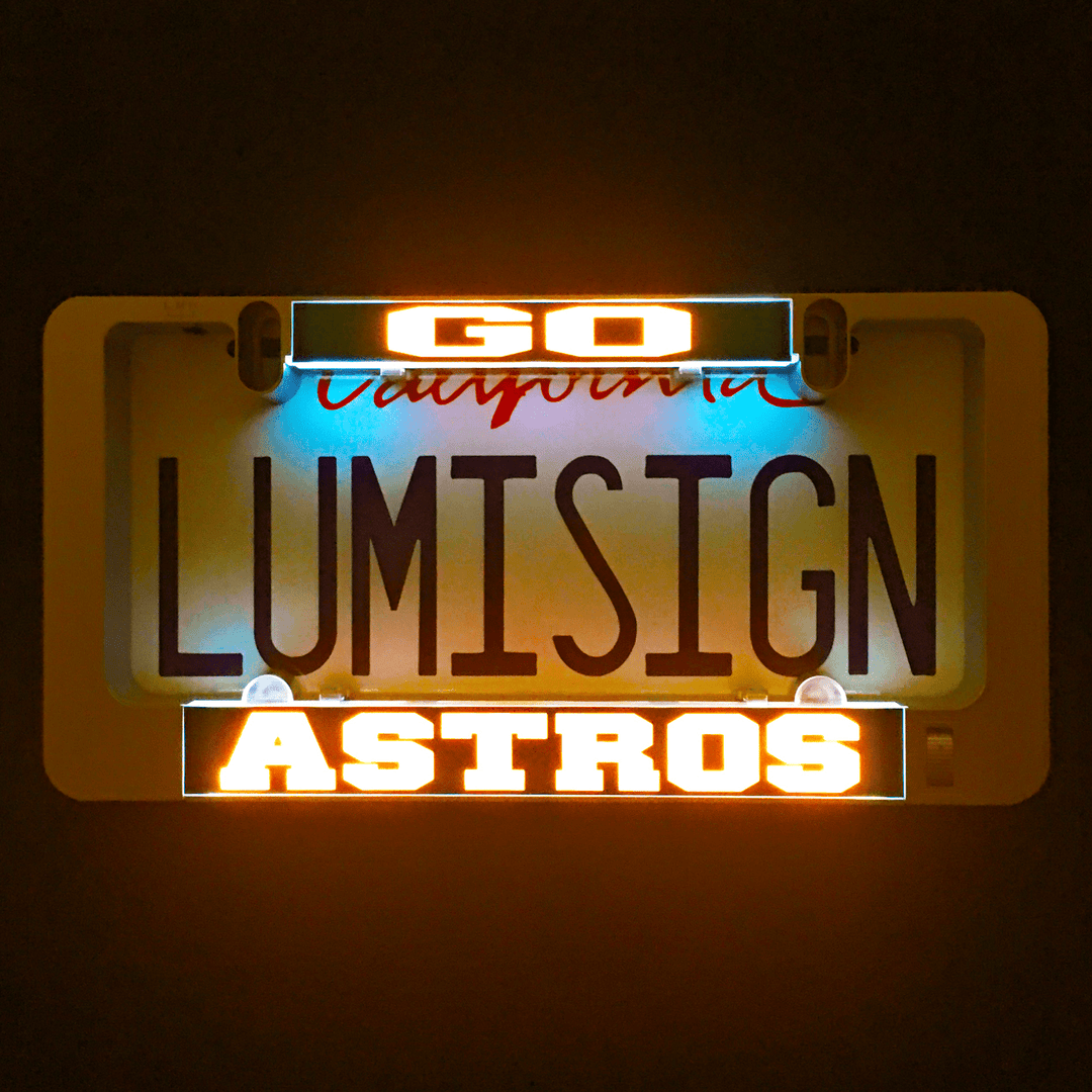Glowing LUMISIGN ASTROS LumiSign insert with blue and orange illuminated text