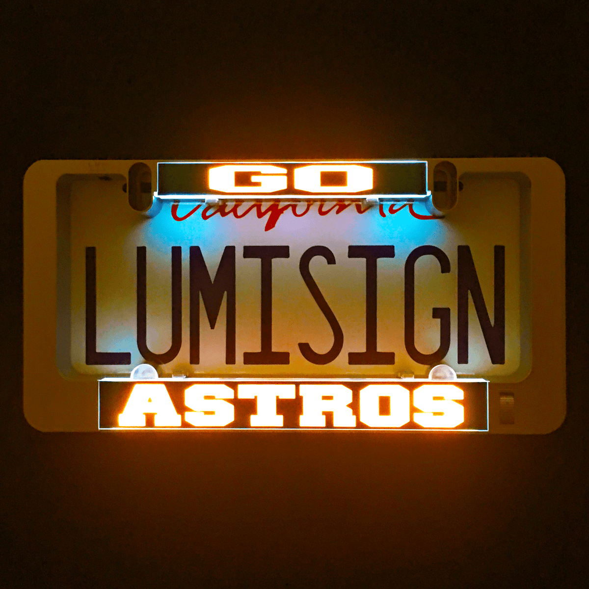 Glowing LUMISIGN ASTROS LumiSign insert with blue and orange illuminated text