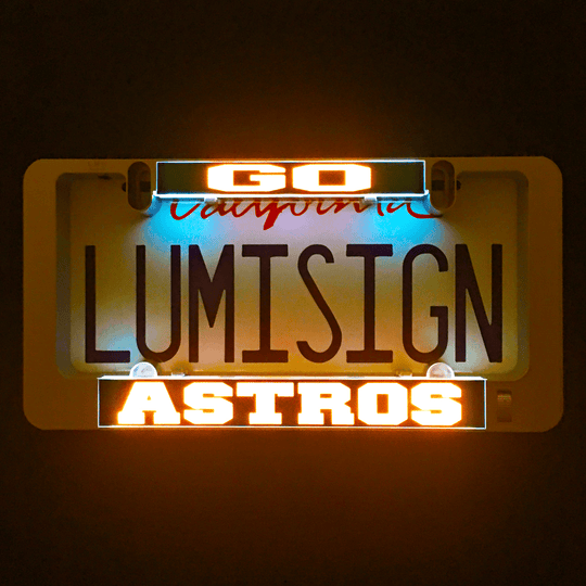 Glowing LUMISIGN ASTROS LumiSign insert with blue and orange illuminated text