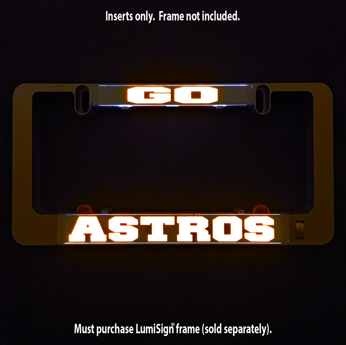 Glowing GO ASTROS LumiSign insert with bright orange and white team wordmark