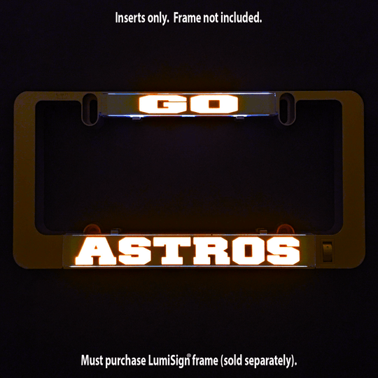 Glowing GO ASTROS LumiSign insert with bright orange and white team wordmark