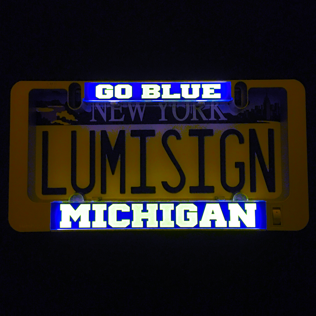 Illuminated LumiSign insert with Go Blue and Michigan block lettering