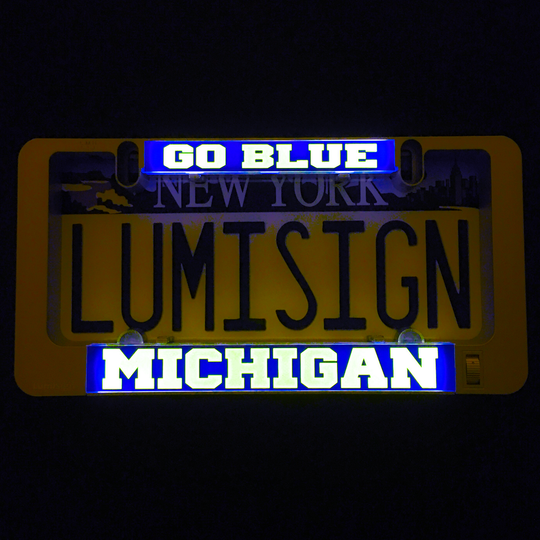 Illuminated LumiSign insert with Go Blue and Michigan block lettering