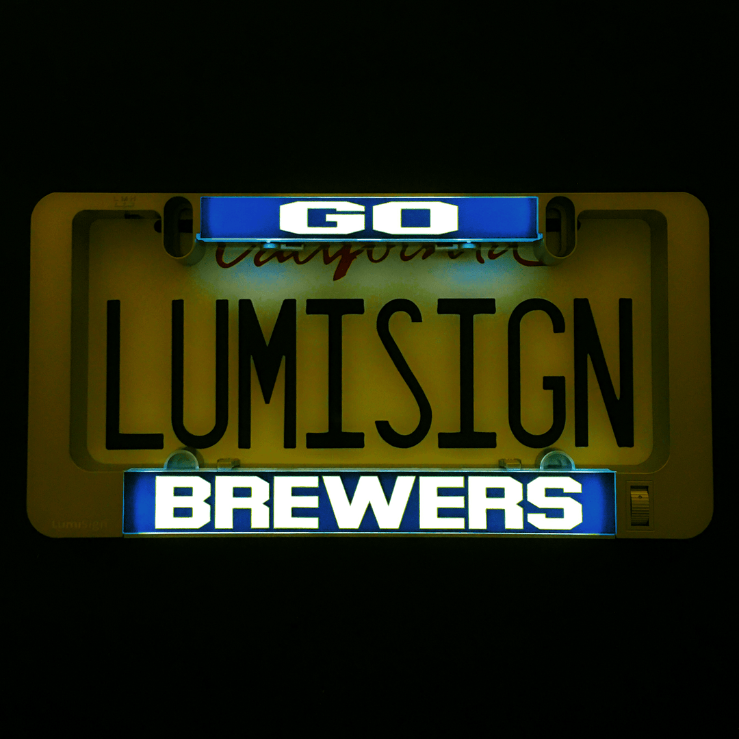LumiSign GO and BREWERS insert illuminated with blue and yellow lettering