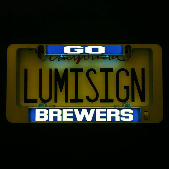 LumiSign GO and BREWERS insert illuminated with blue and yellow lettering