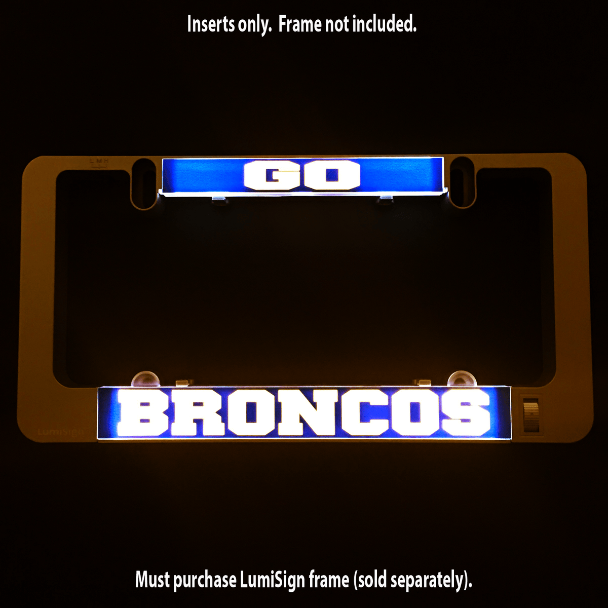 Go Broncos insert set with blue-lit GO and BRONCOS panels, side clips