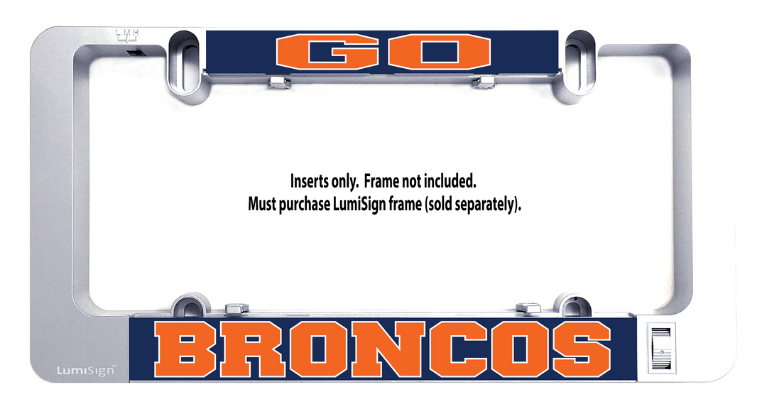 Go Broncos sign insert with orange GO and BRONCOS text, metal mounting clips